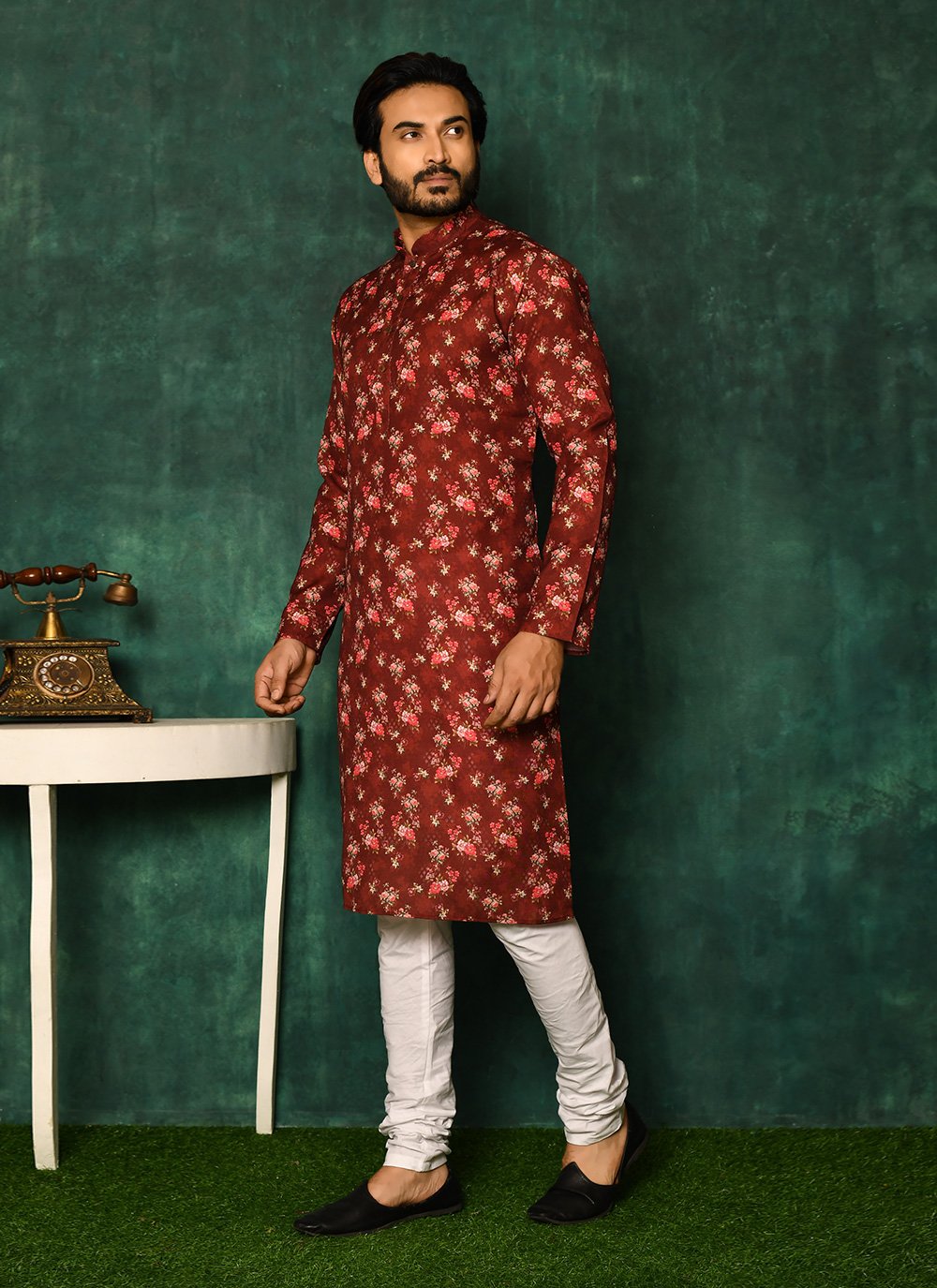 Kurta Pyjama Cotton Red Print Mens