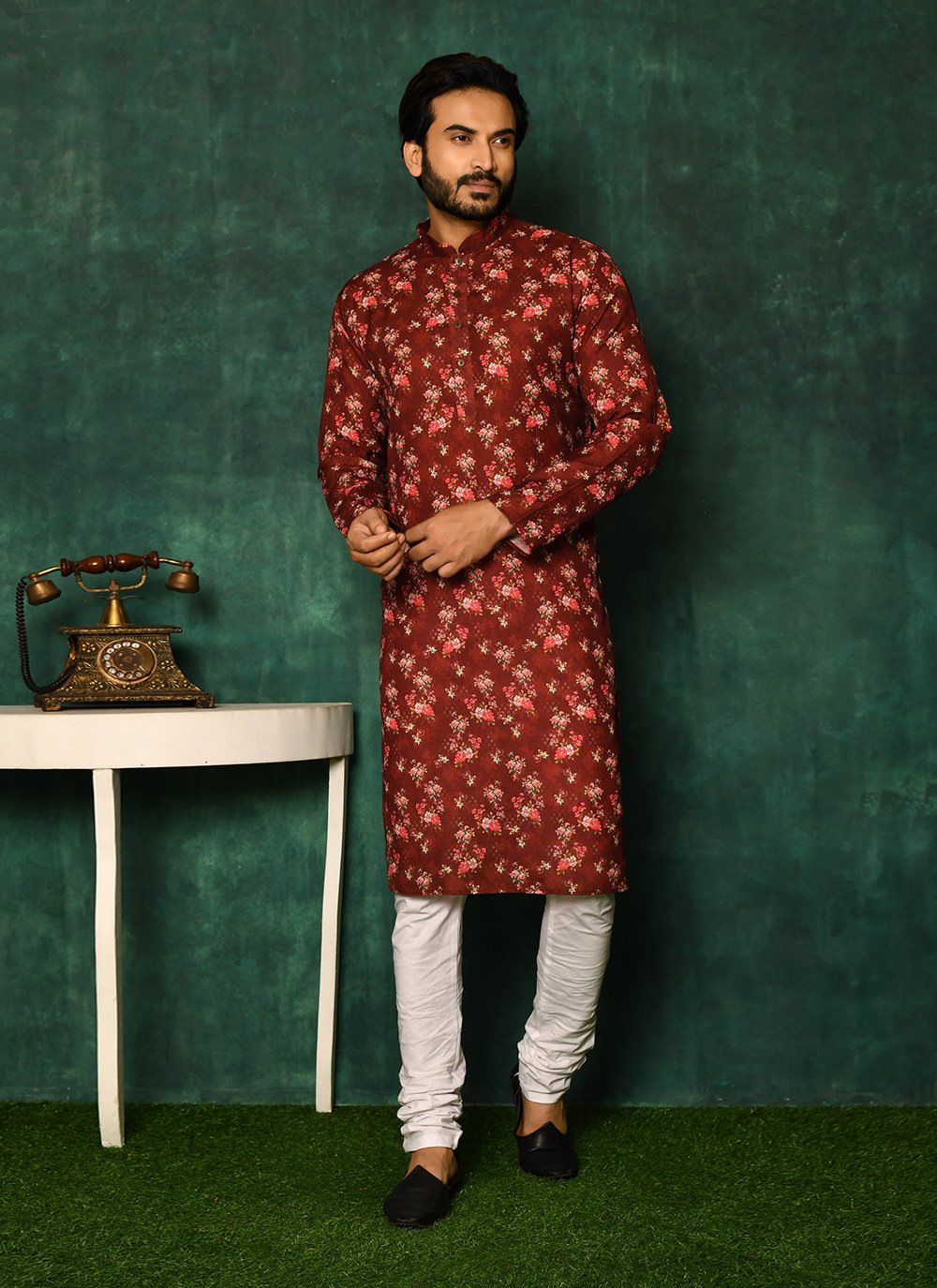 Kurta Pyjama Cotton Red Print Mens