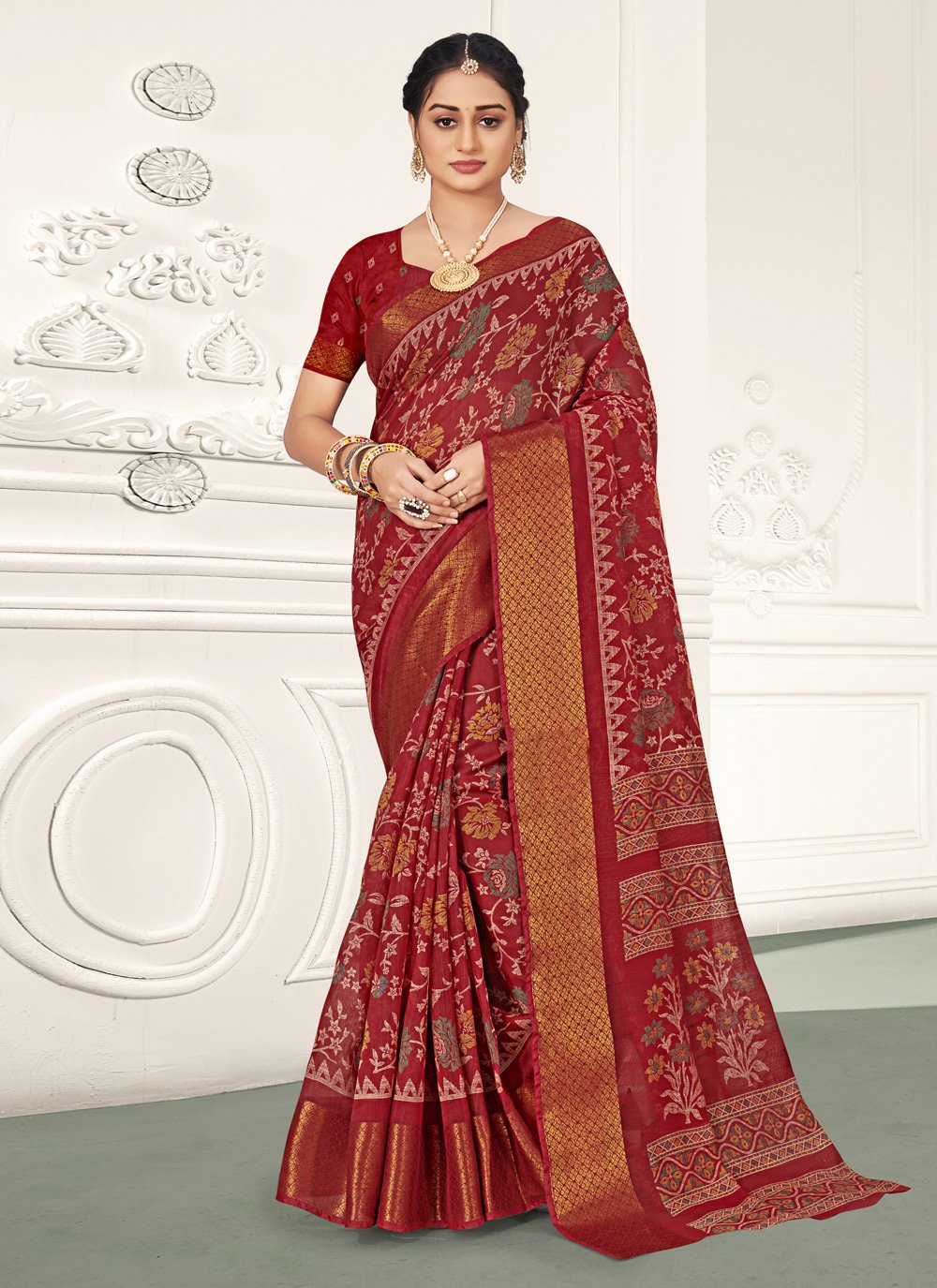 Traditional Saree Cotton Red Print Saree