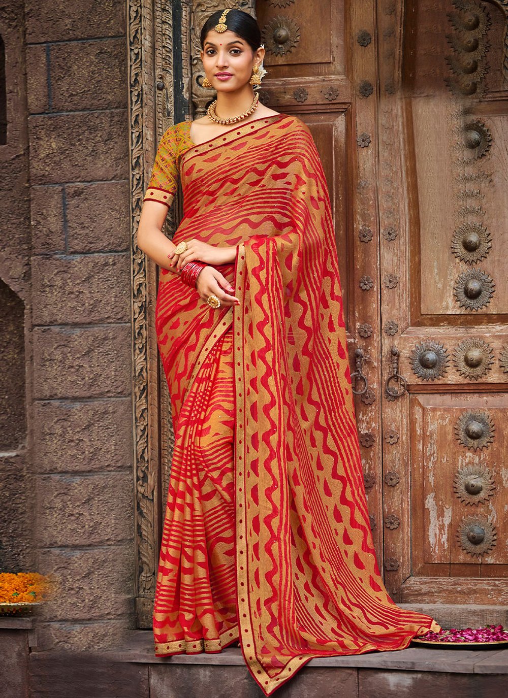 Trendy Saree Brasso Chiffon Red Fancy Work Saree