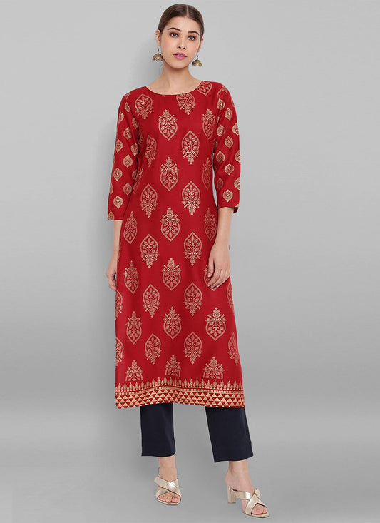 Party Wear Kurti Rayon Red Print Kurtis