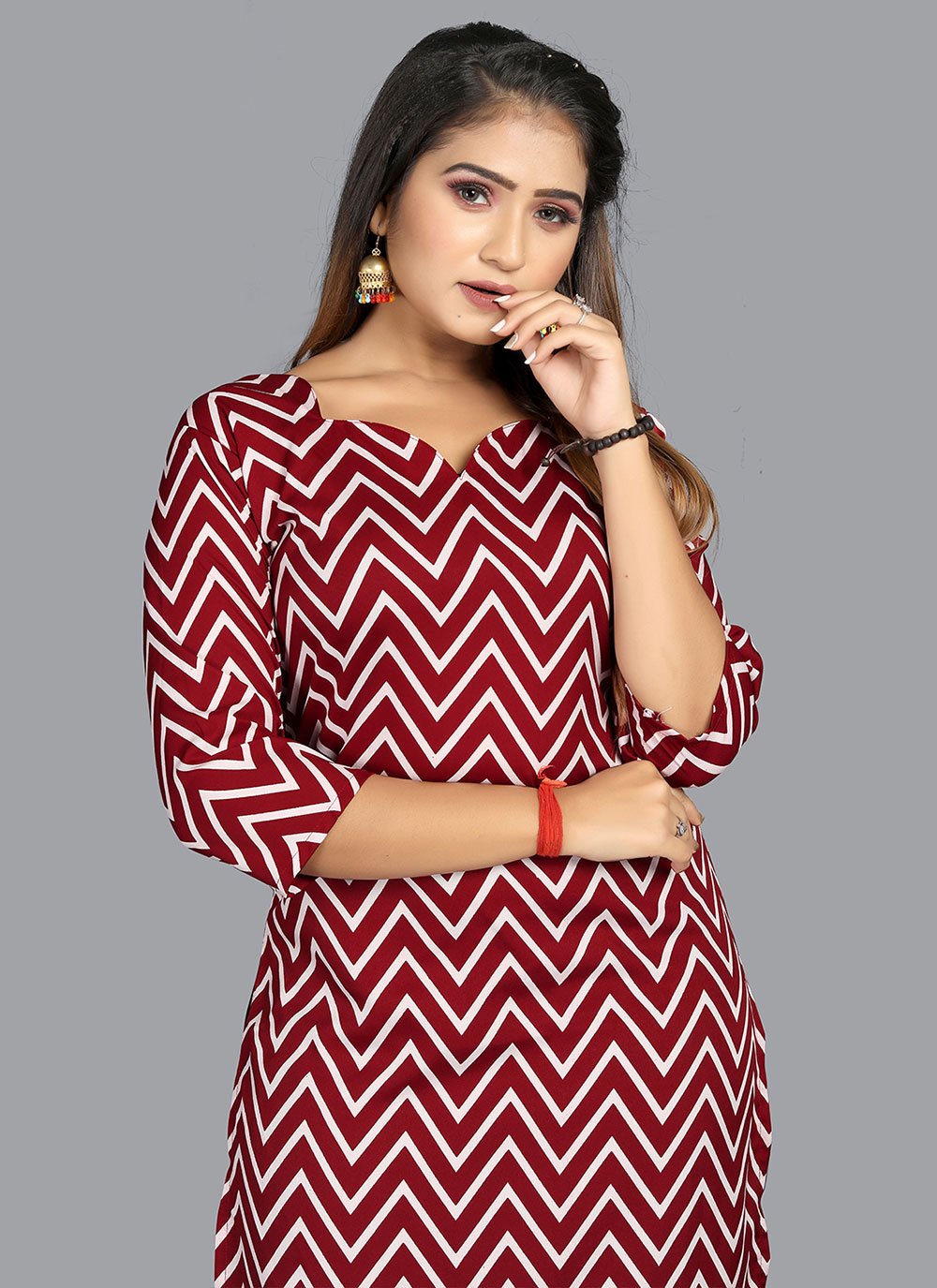 Party Wear Kurti Faux Crepe Red Print Kurtis