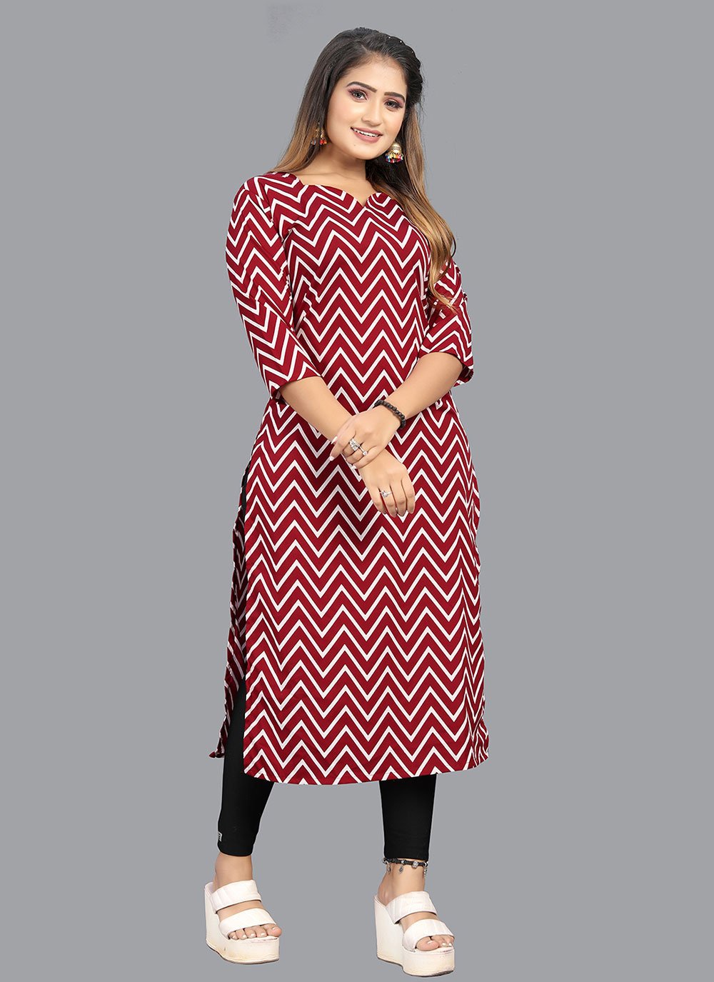 Party Wear Kurti Faux Crepe Red Print Kurtis