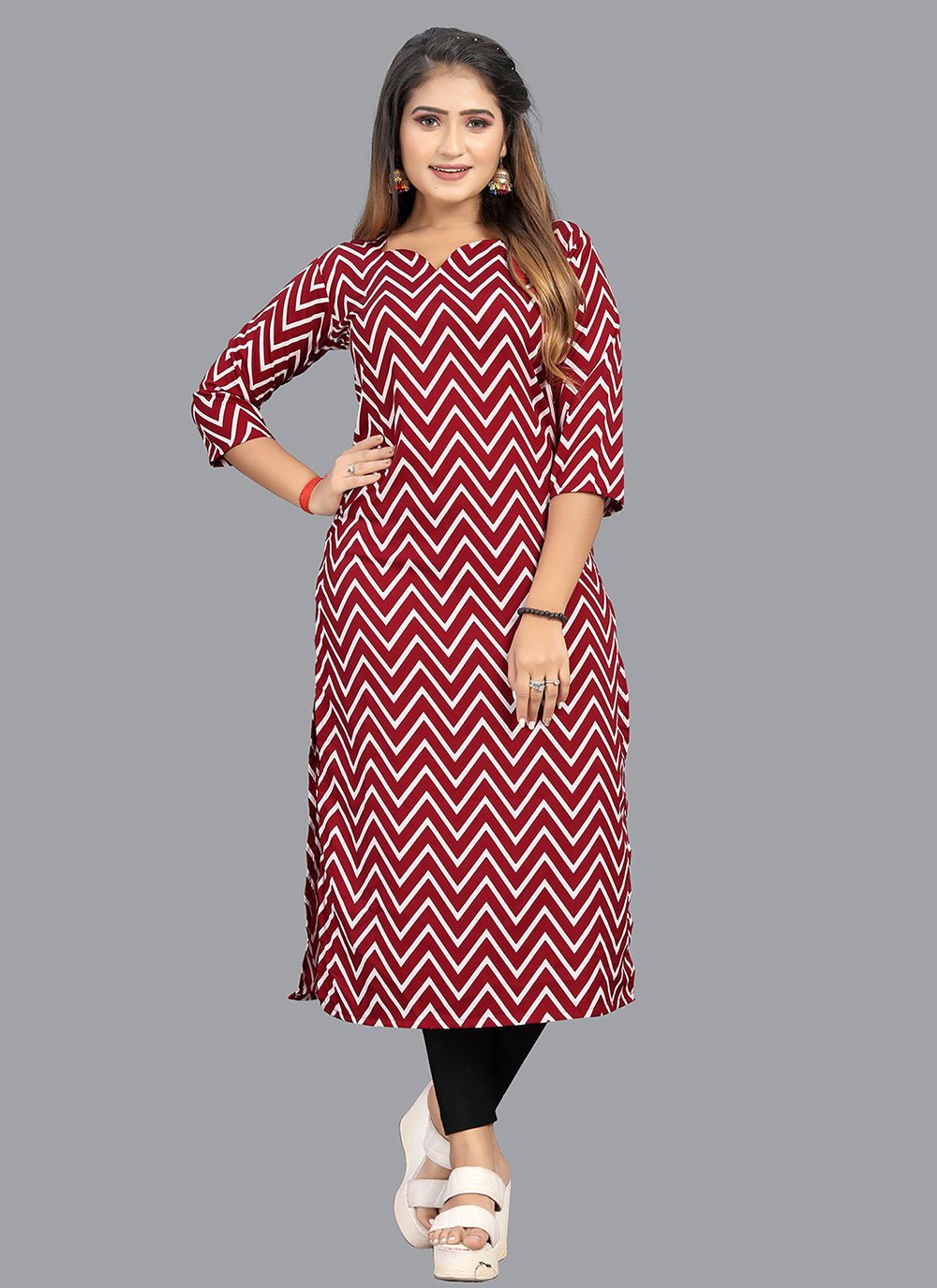 Party Wear Kurti Faux Crepe Red Print Kurtis