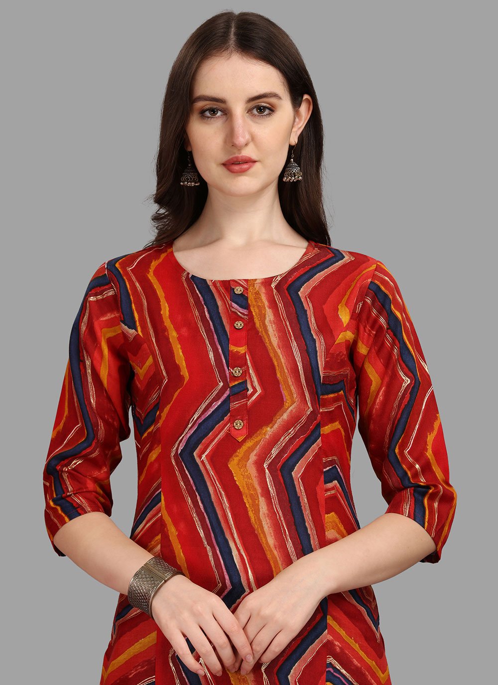 Party Wear Kurti Rayon Red Print Kurtis