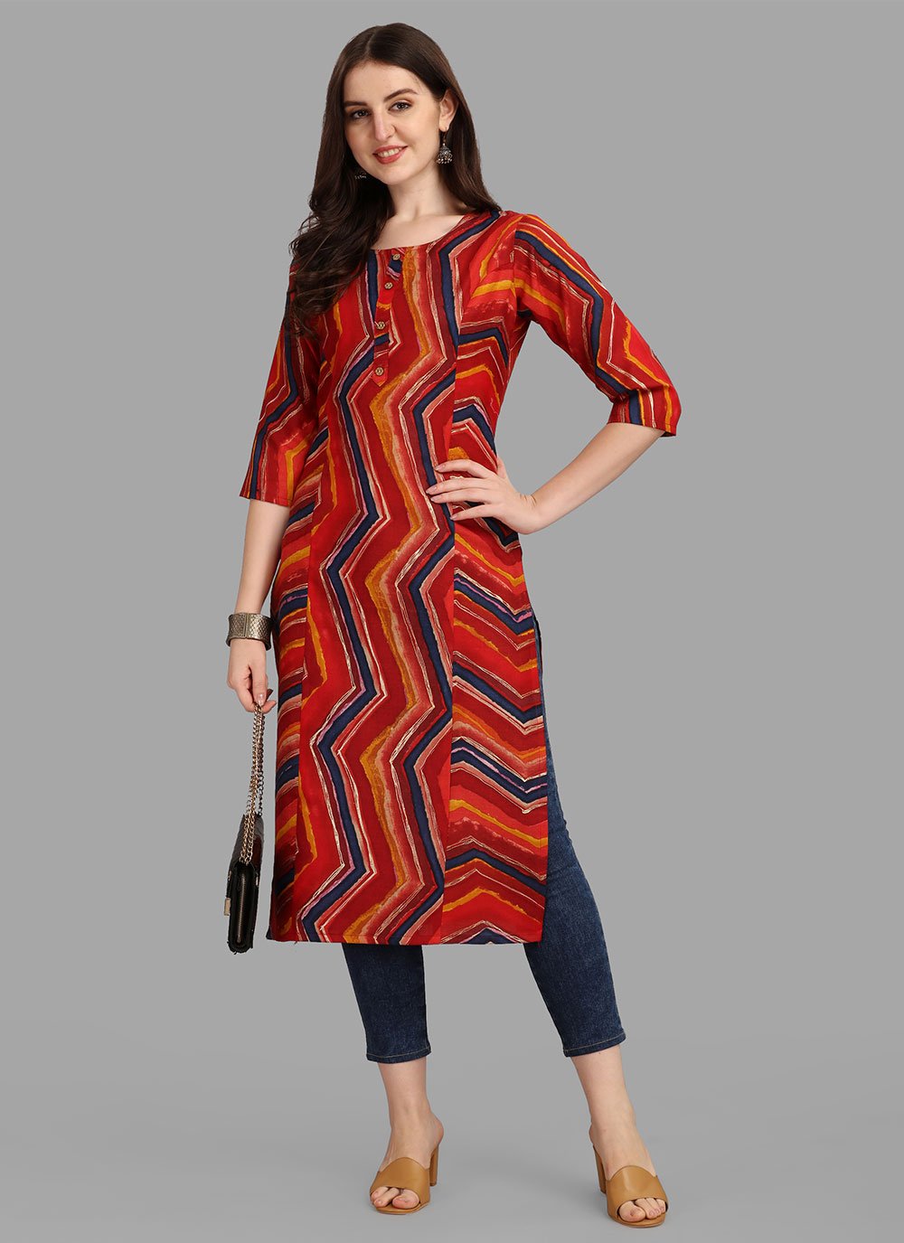 Party Wear Kurti Rayon Red Print Kurtis