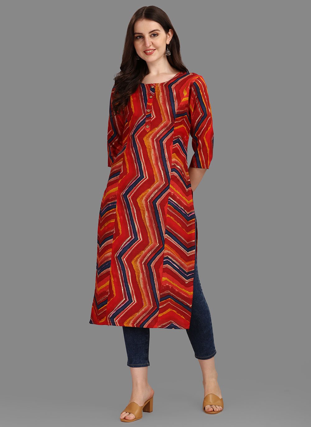 Party Wear Kurti Rayon Red Print Kurtis