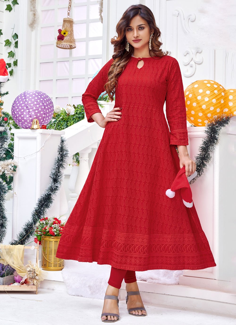 Designer Gown Rayon Red Chikankari Work Gown