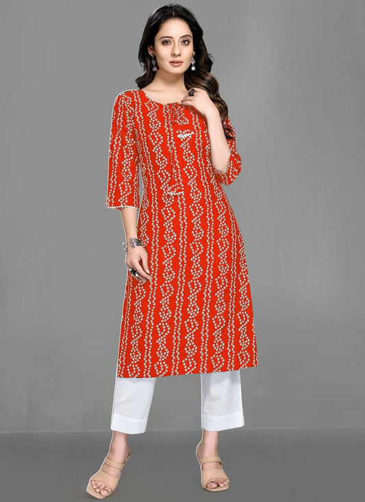 Designer Kurti Rayon Red Bandhej Kurtis