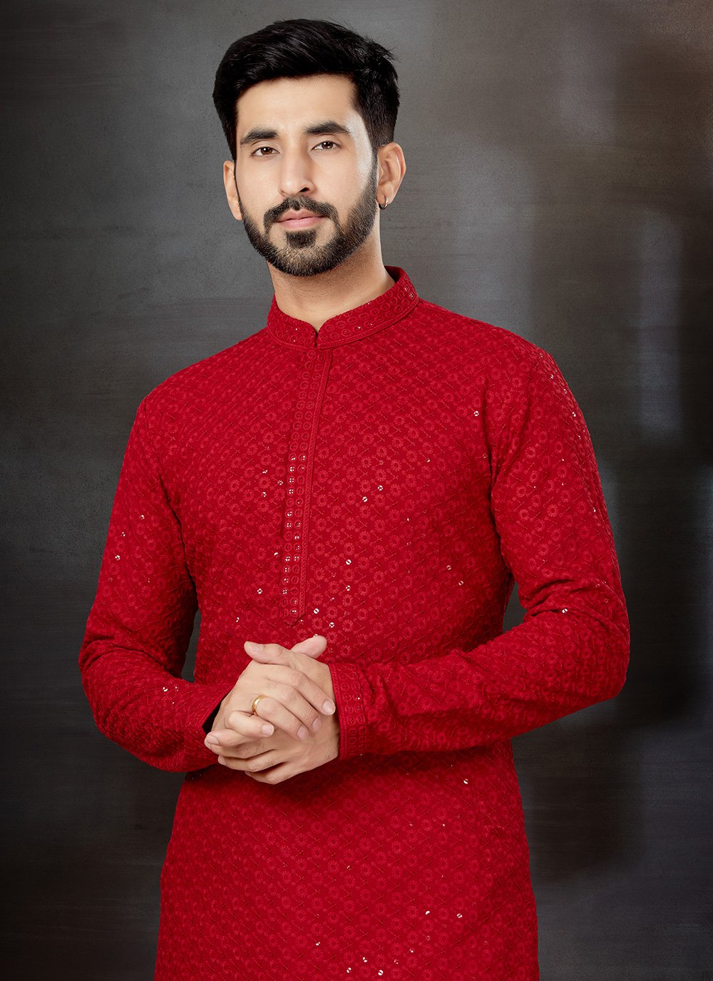 Kurta Pyjama Rayon Red Lucknowi Work Mens