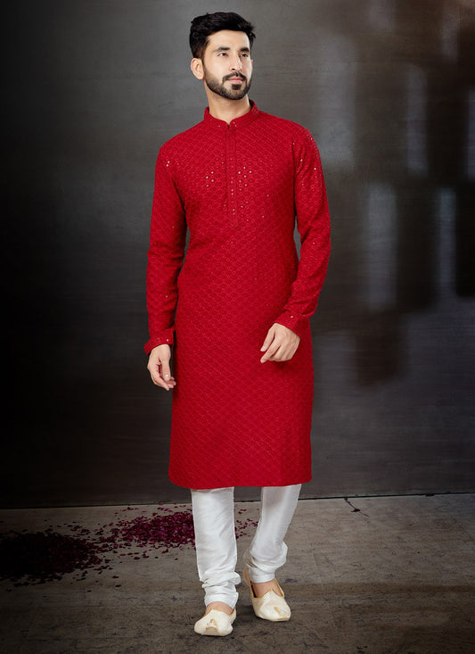 Kurta Pyjama Rayon Red Lucknowi Work Mens