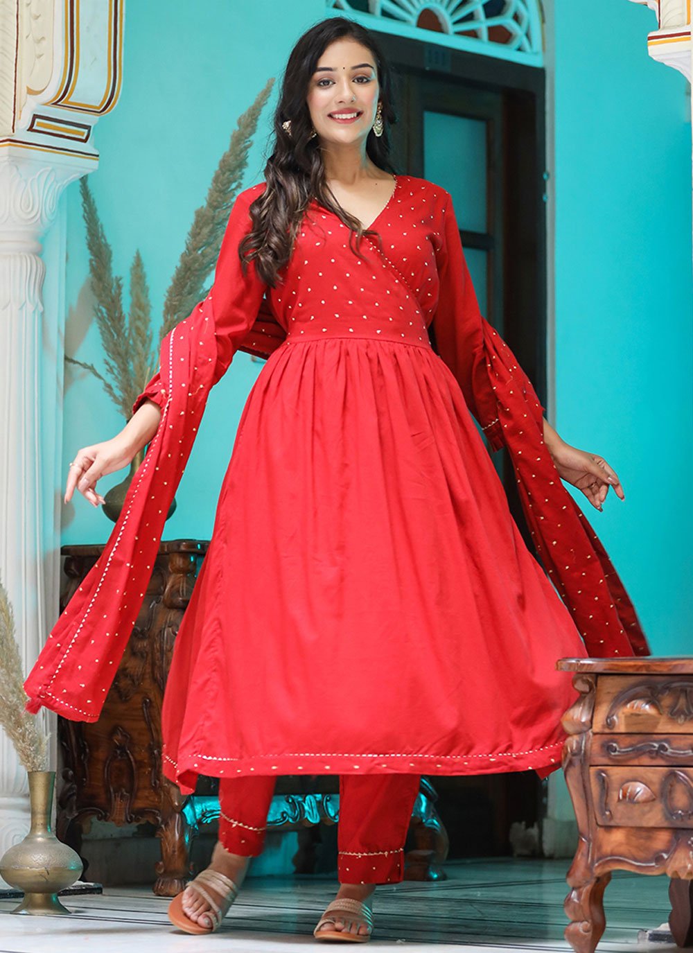 Anarkali Suit Cotton Red Embroidered Salwar Kameez