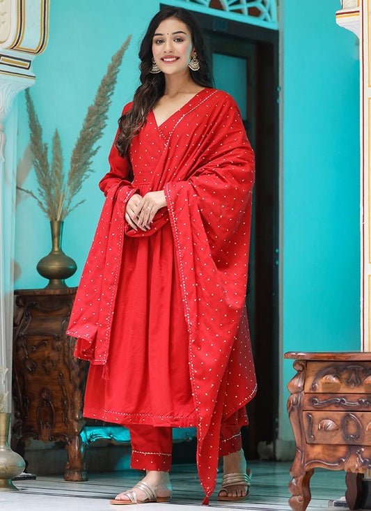 Anarkali Suit Cotton Red Embroidered Salwar Kameez