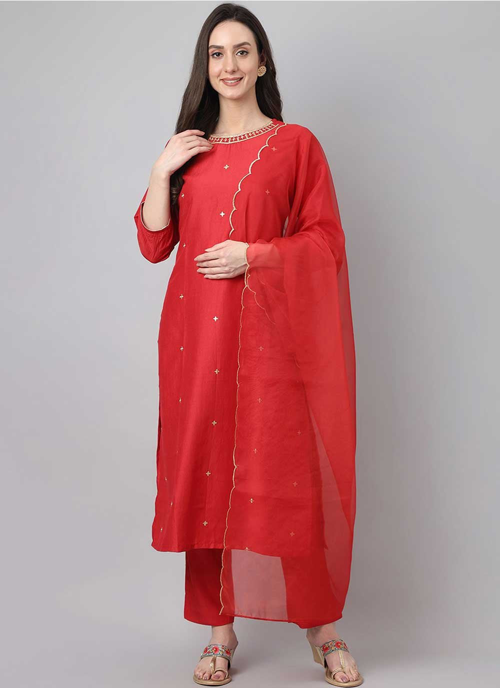 Salwar Suit Chinon Red Embroidered Salwar Kameez