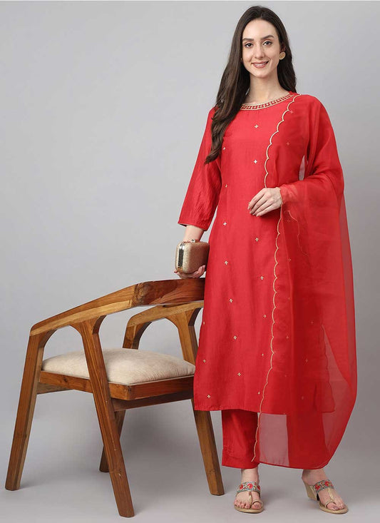 Salwar Suit Chinon Red Embroidered Salwar Kameez