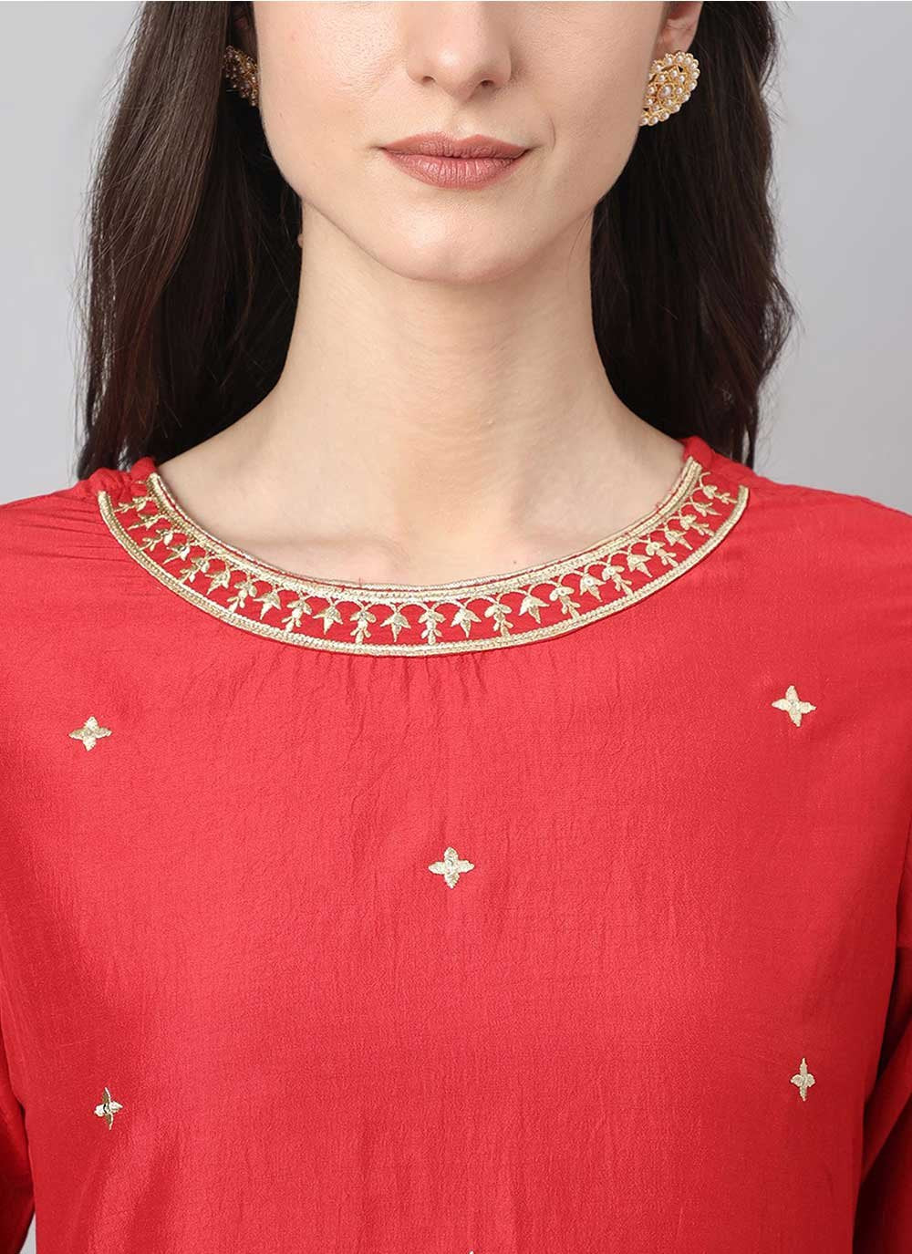 Salwar Suit Chinon Red Embroidered Salwar Kameez