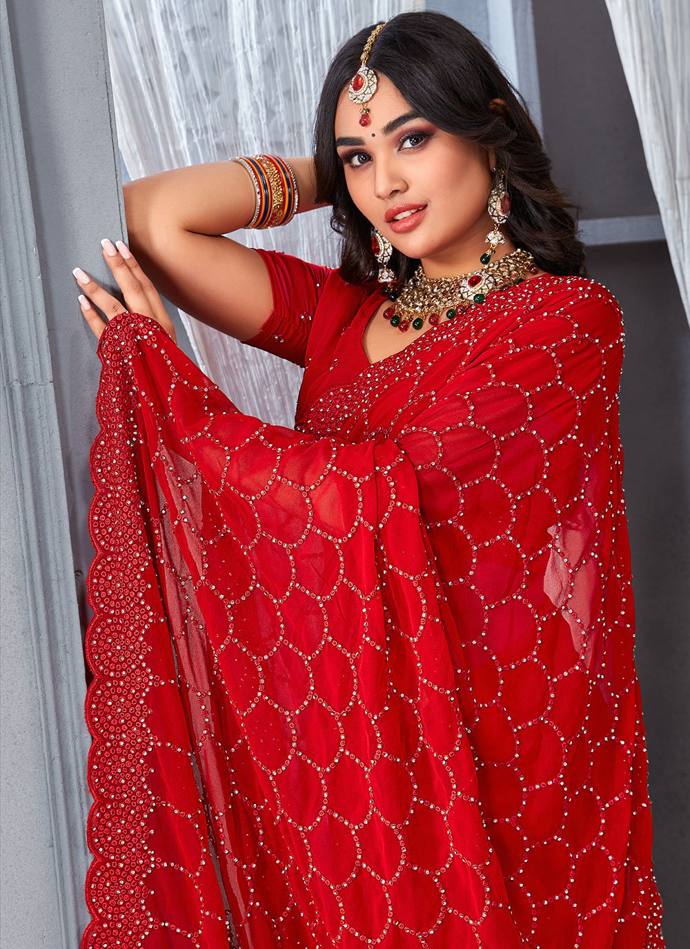 Contemporary Georgette Red Embroidered Saree