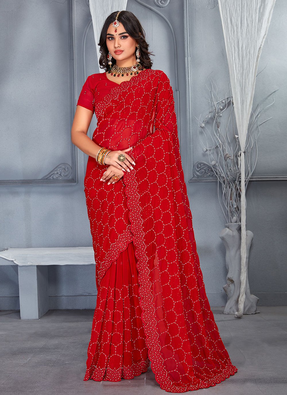 Contemporary Georgette Red Embroidered Saree