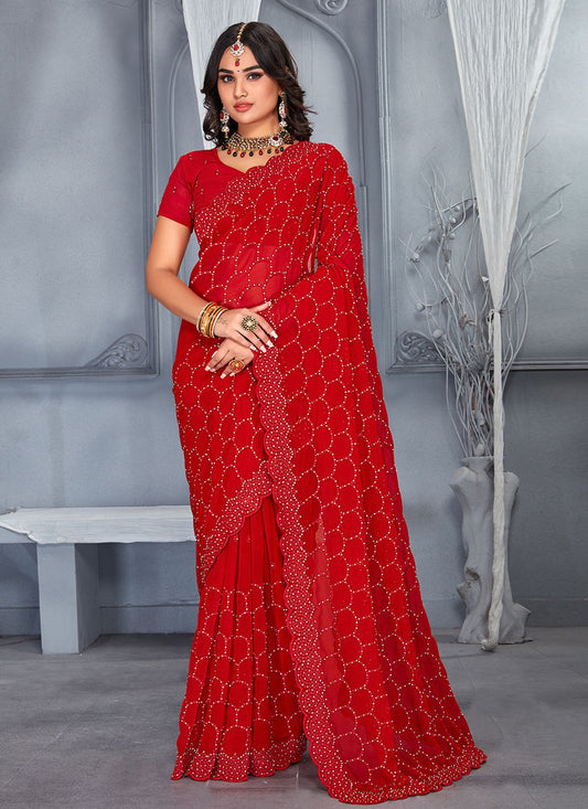 Contemporary Georgette Red Embroidered Saree