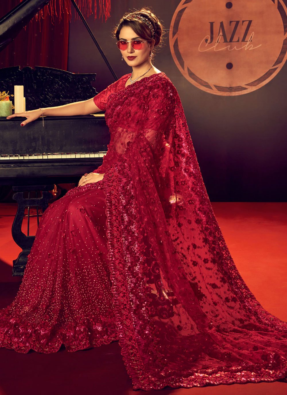 Contemporary Net Red Crystals Saree