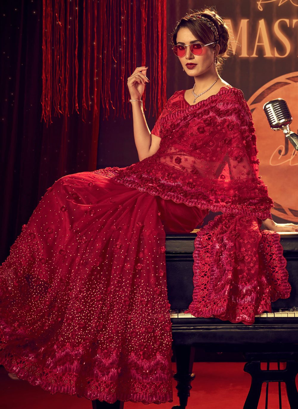 Contemporary Net Red Crystals Saree