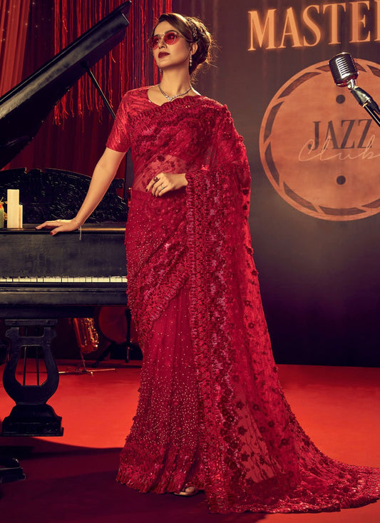 Contemporary Net Red Crystals Saree