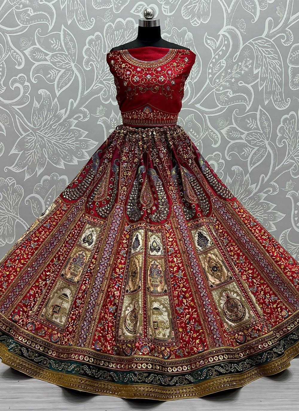 Lehenga Choli Velvet Red Embroidered Lehenga Choli