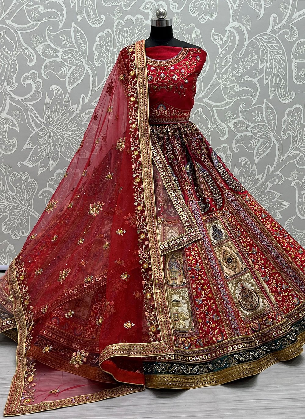 Lehenga Choli Velvet Red Embroidered Lehenga Choli