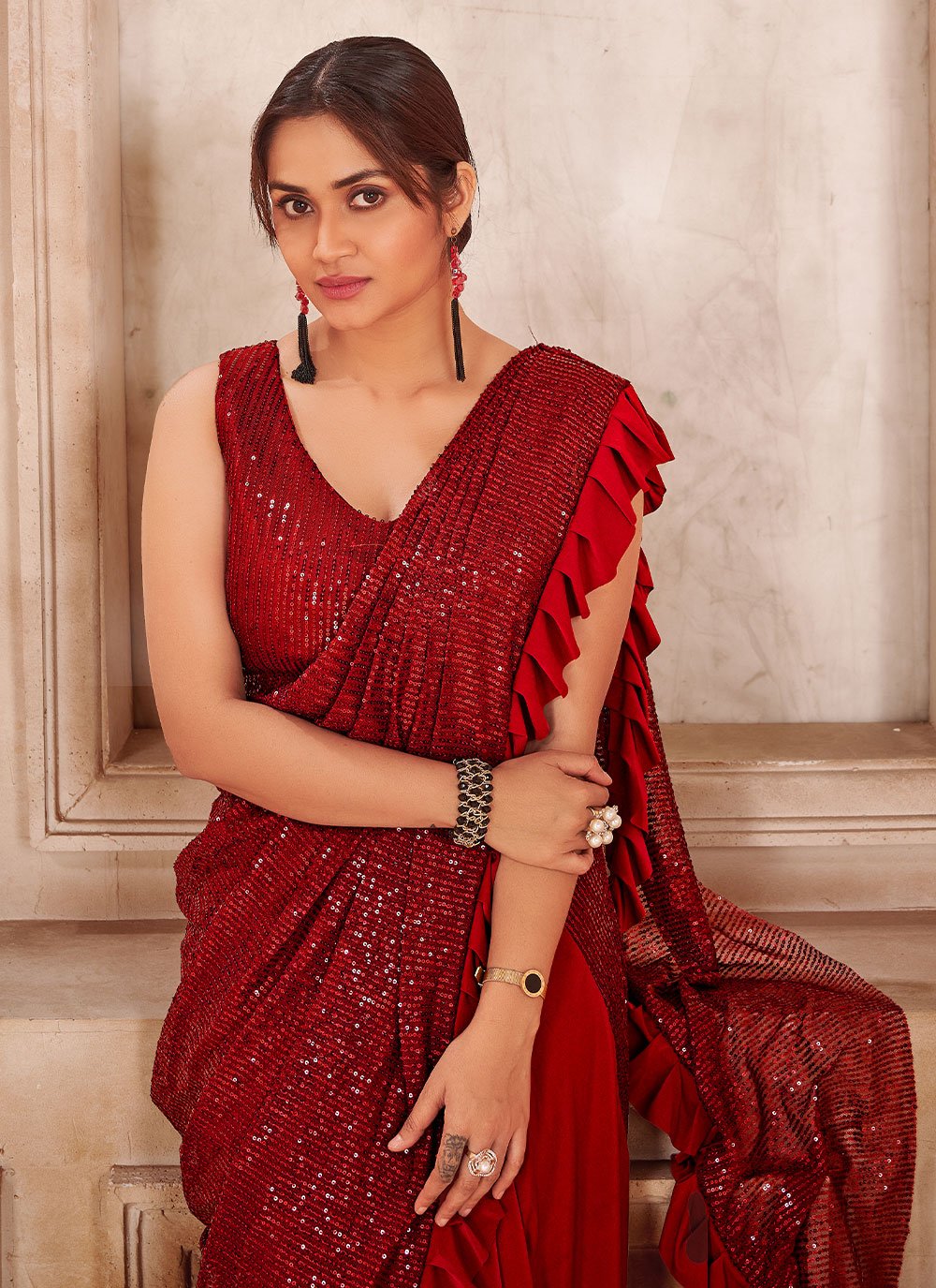 Trendy Saree Fancy Fabric Red Sequins Saree