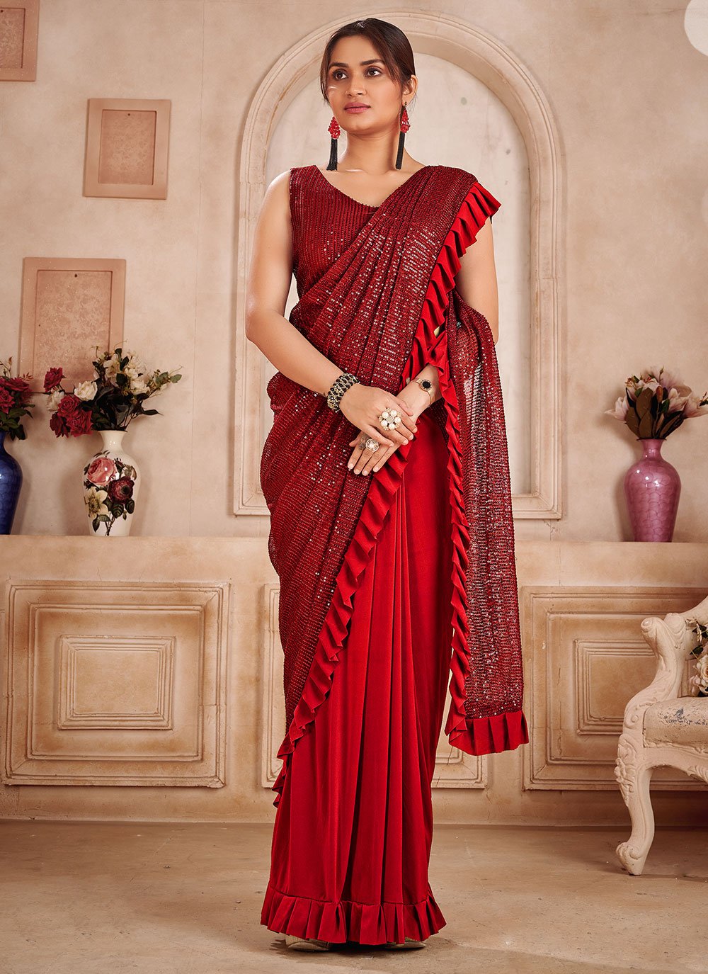 Trendy Saree Fancy Fabric Red Sequins Saree