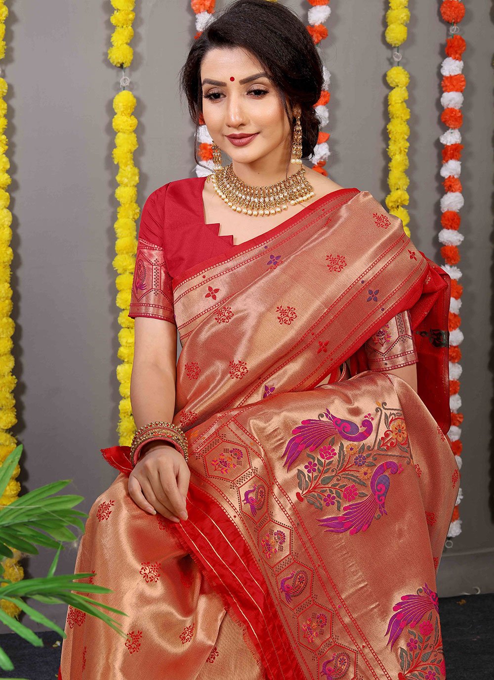 Contemporary Banarasi Silk Red Weaving Saree