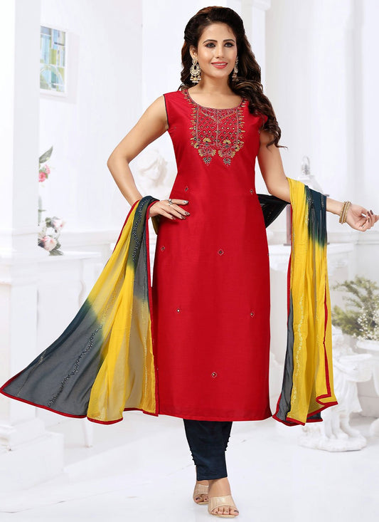 Salwar Suit Silk Red Embroidered Salwar Kameez