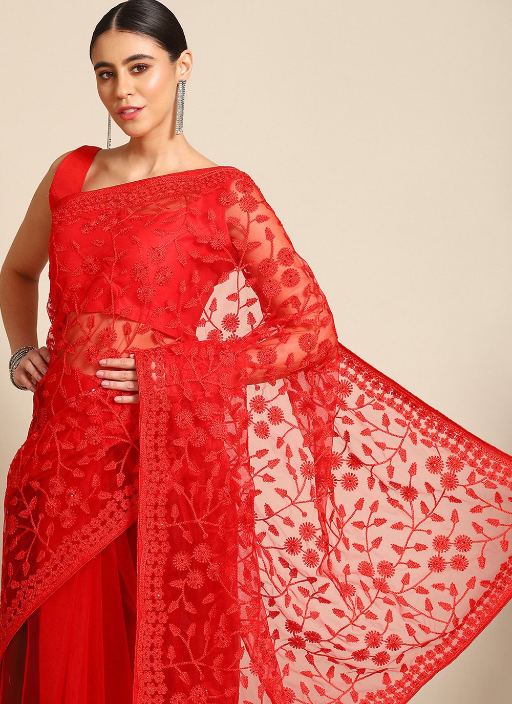 Designer Net Red Embroidered Saree