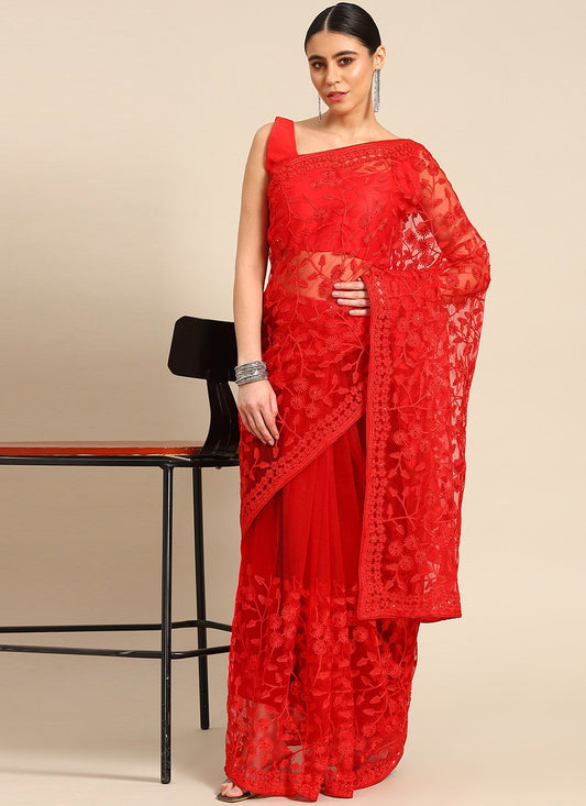 Designer Net Red Embroidered Saree