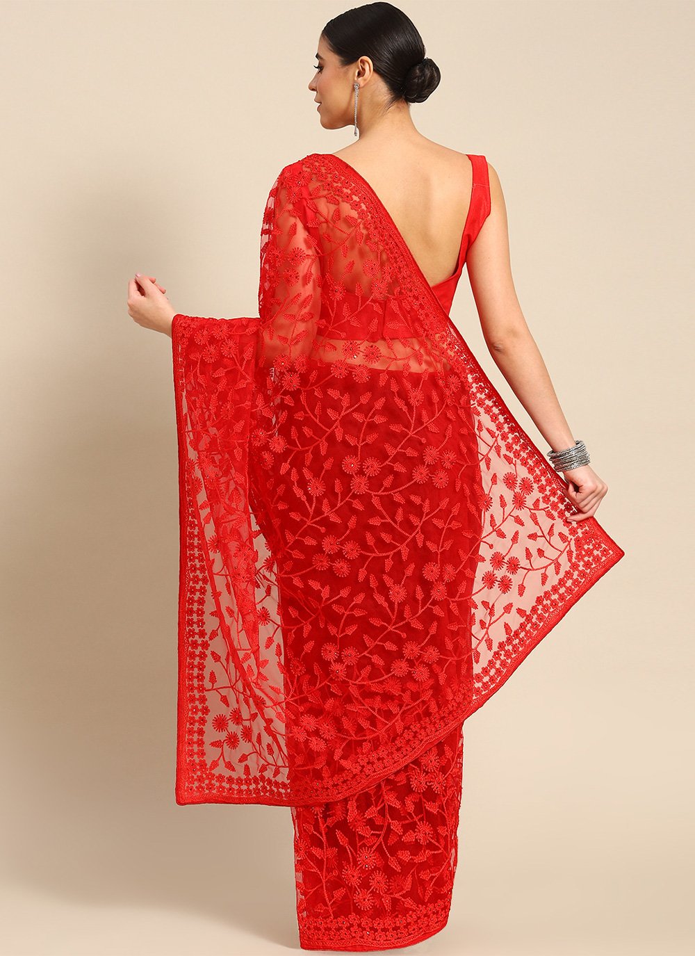 Designer Net Red Embroidered Saree