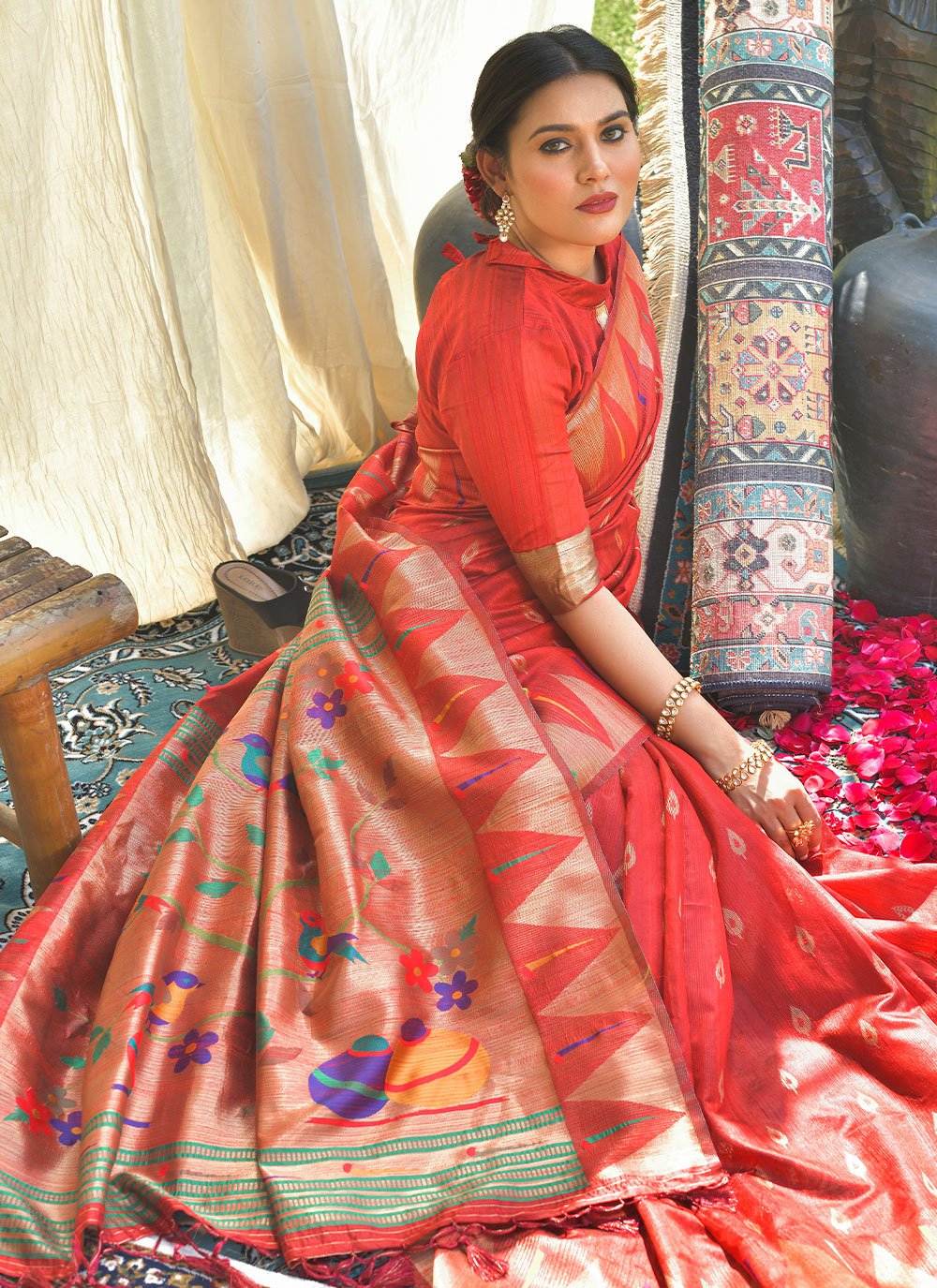 Designer Silk Red Woven Saree