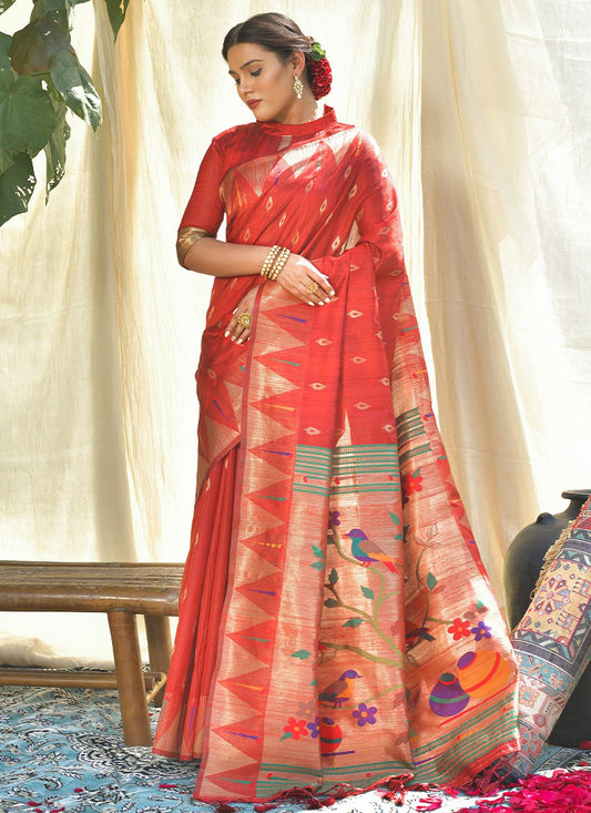 Designer Silk Red Woven Saree