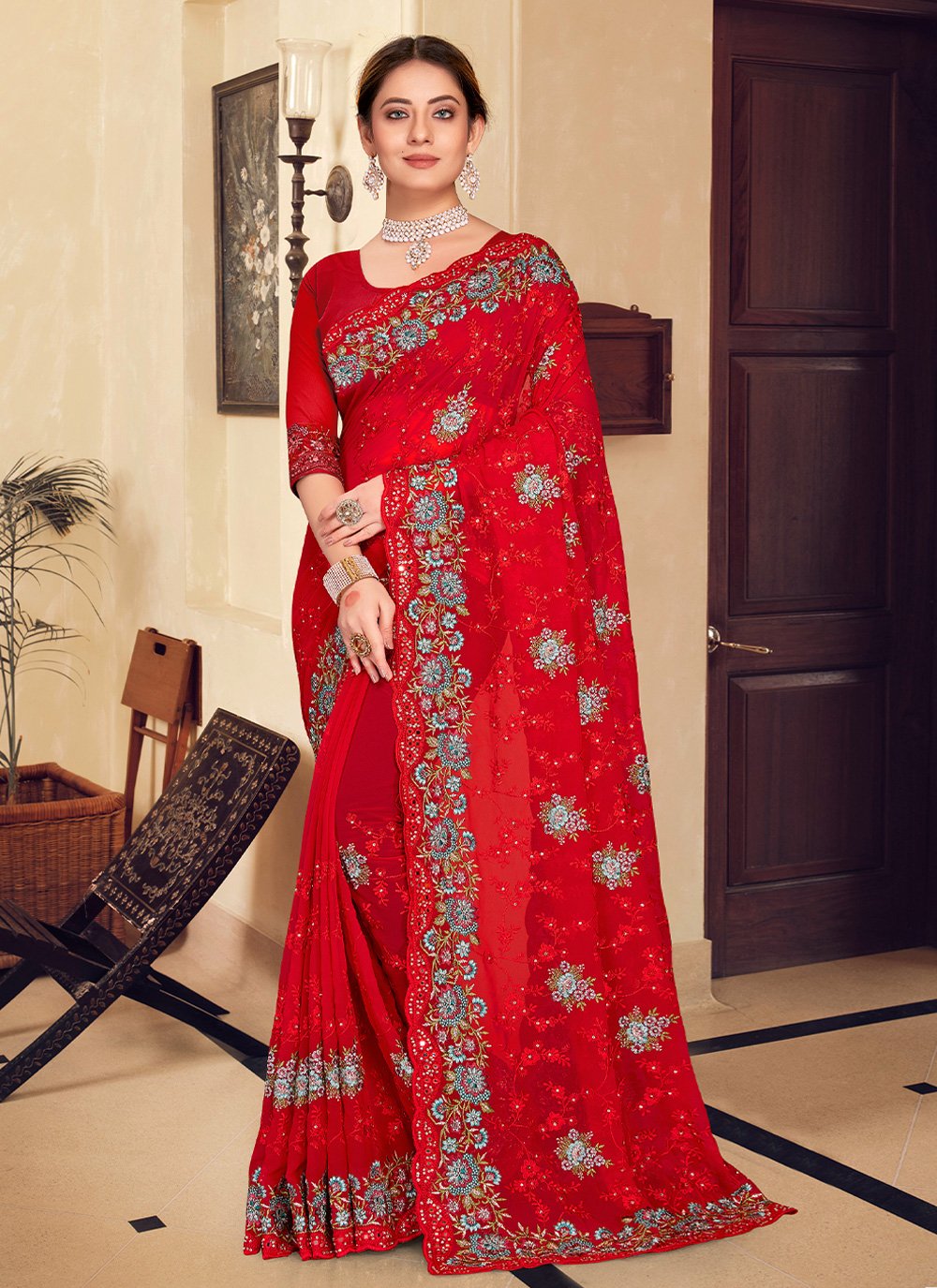 Traditional Saree Georgette Red Embroidered Saree