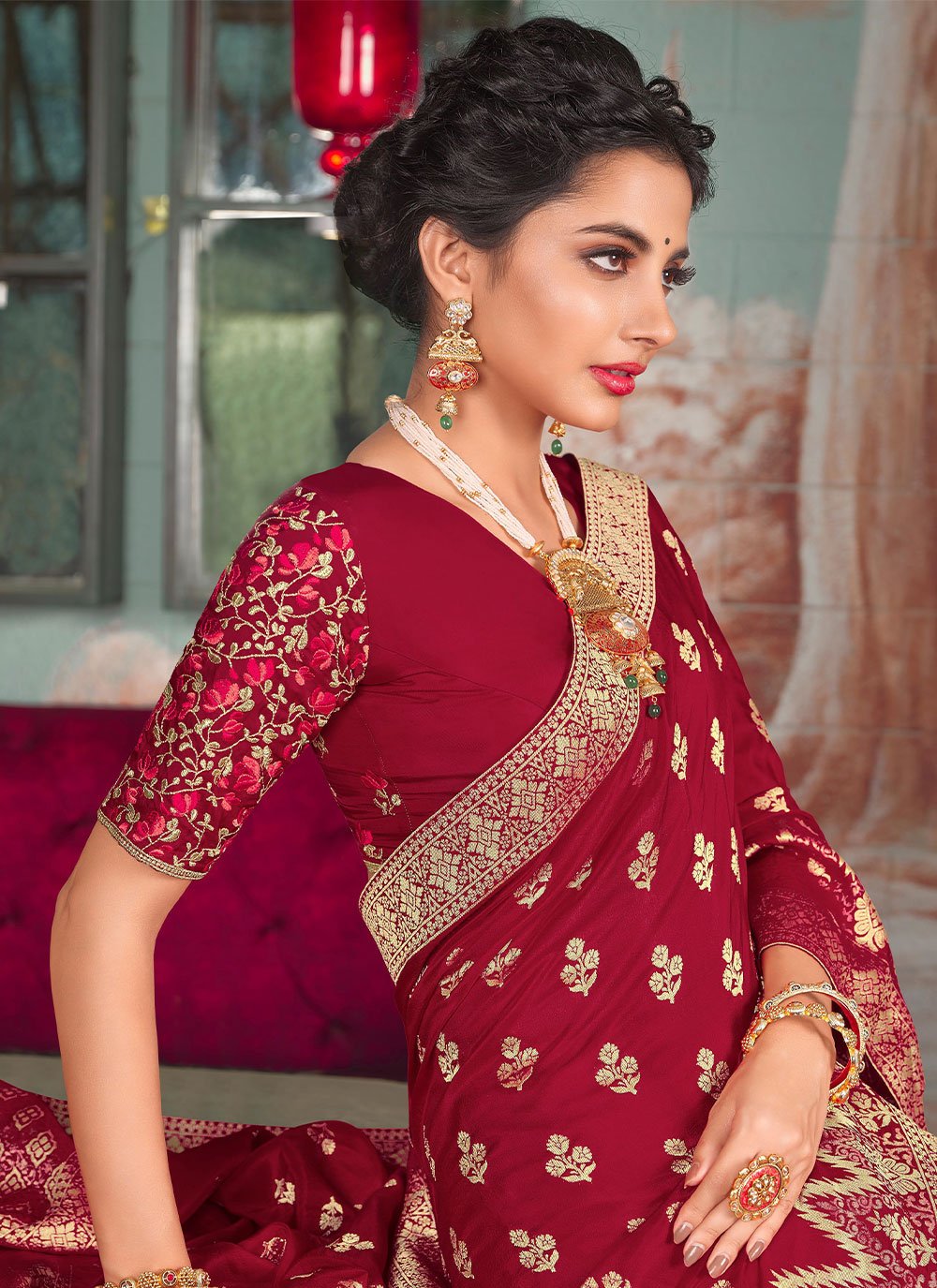 Traditional Saree Pure Dola Silk Red Embroidered Saree