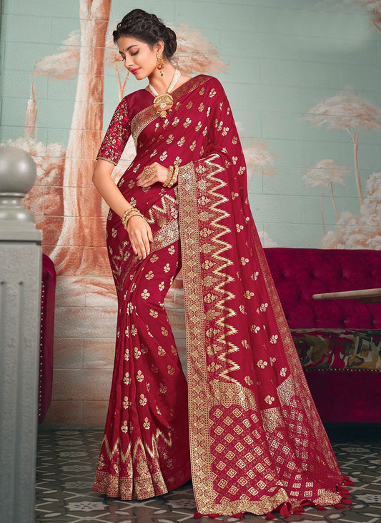 Traditional Saree Pure Dola Silk Red Embroidered Saree