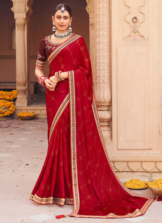 Trendy Saree Chiffon Satin Red Embroidered Saree