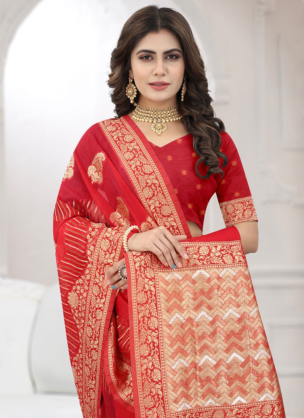 Classic Organza Viscose Red Booti Saree