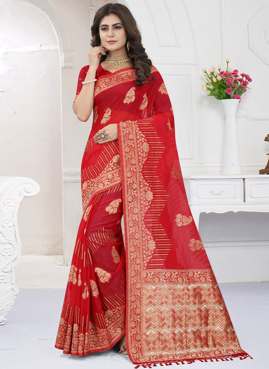 Classic Organza Viscose Red Booti Saree