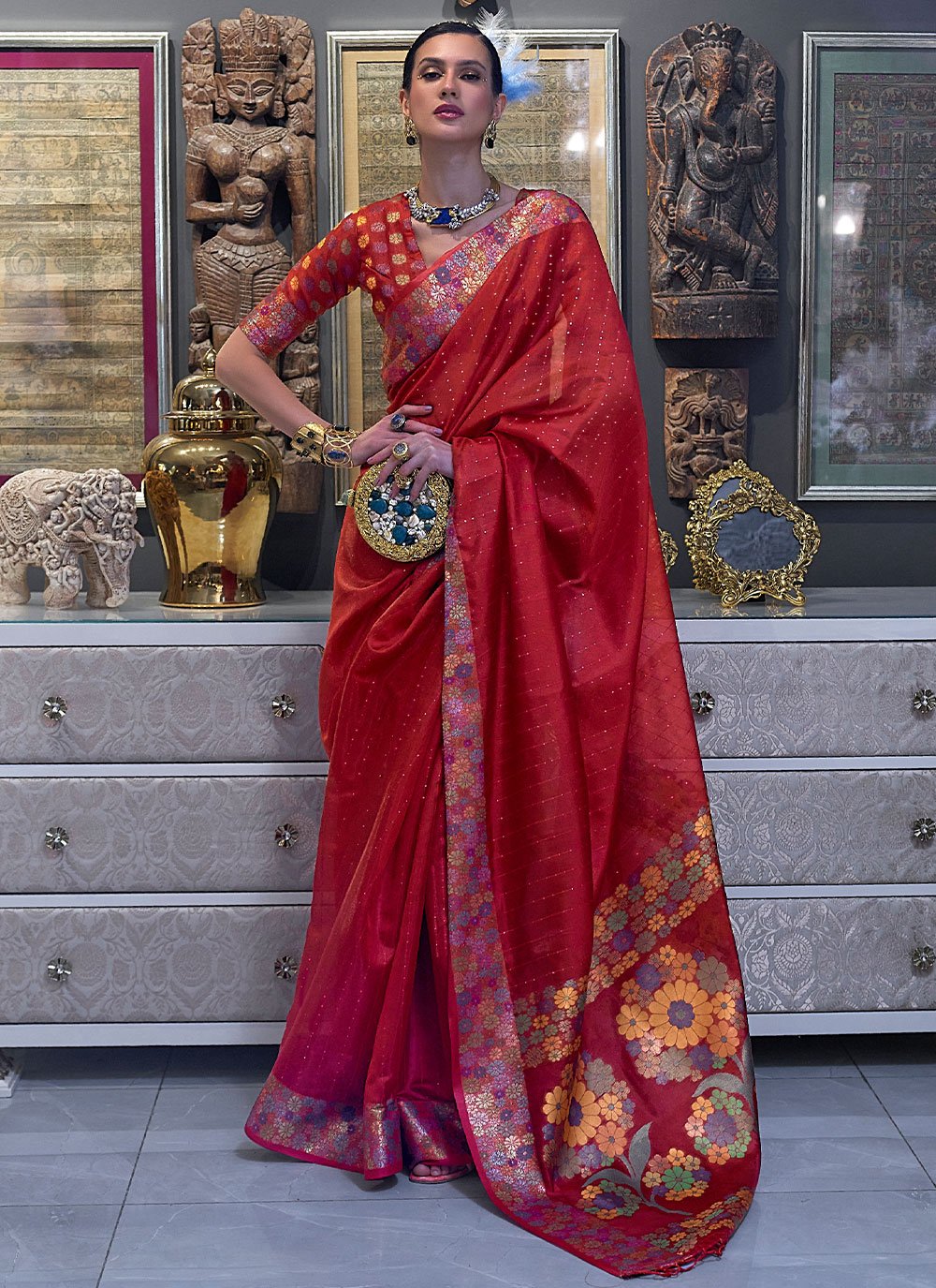 Classic Organza Red Weaving Saree