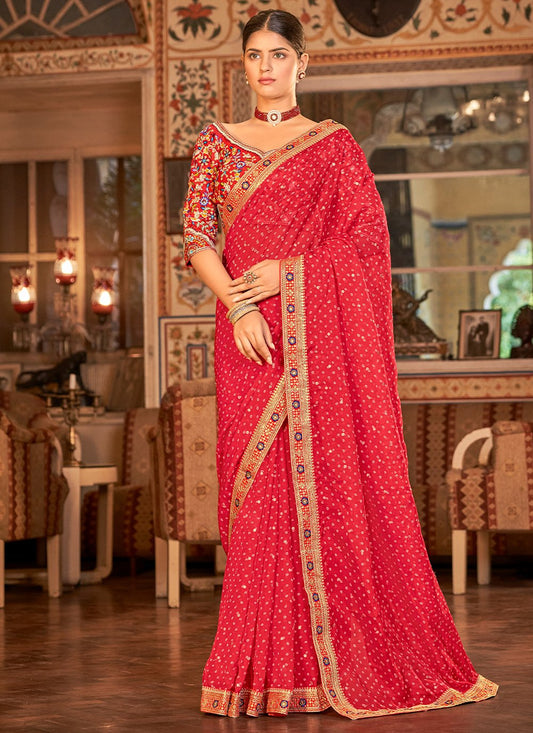 Designer Organza Red Sequins Saree