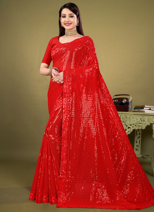 Classic Georgette Red Sequins Saree