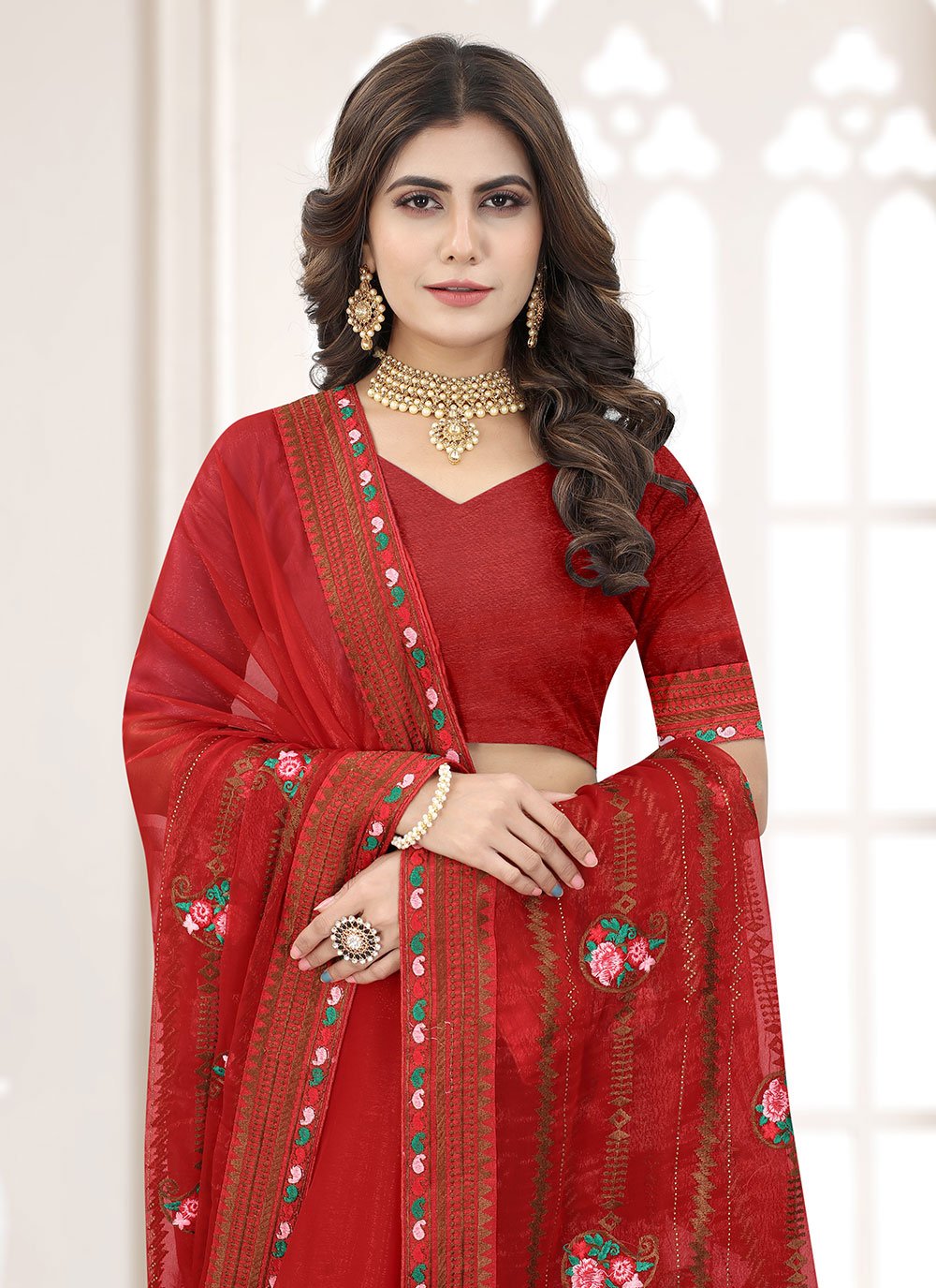 Contemporary Shimmer Silk Red Embroidered Saree