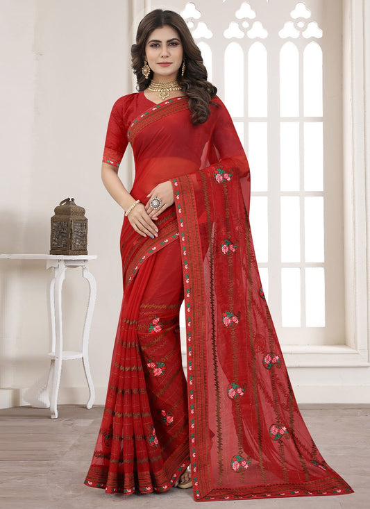 Contemporary Shimmer Silk Red Embroidered Saree