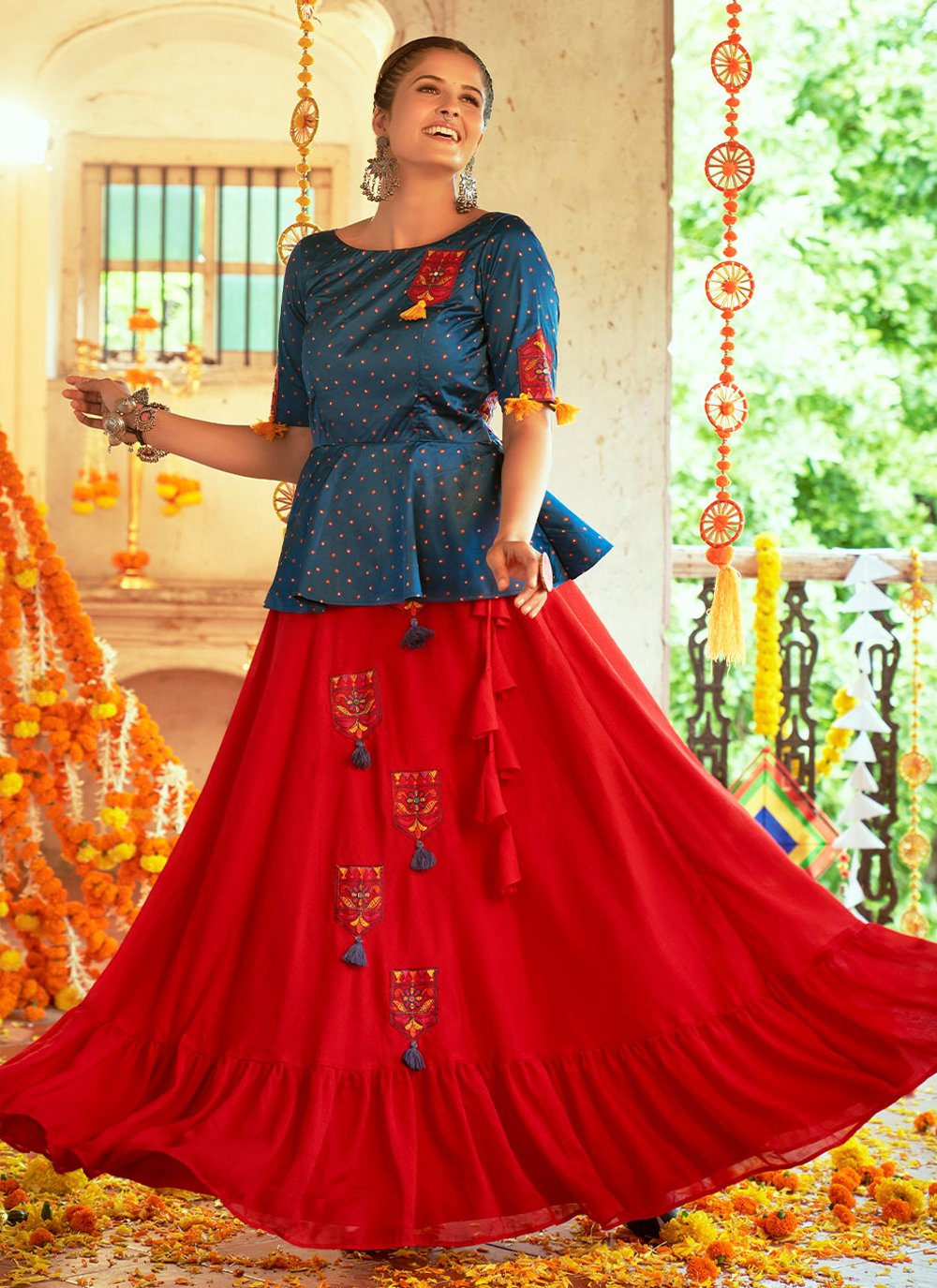 A Line Lehenga Silk Red Embroidered Lehenga Choli