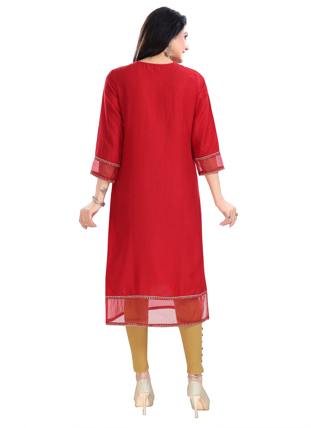 Casual Kurti Silk Blend Red Embroidered Kurtis